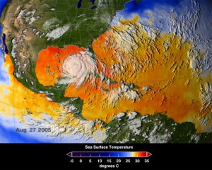 NASA satellite image of warm ocean temperatures fuelling hurricane katrina