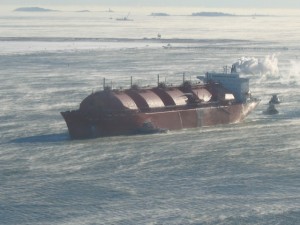 LNG tanker arrives in Boston, MA, 2005. Photo Credit Flickr user lightgraphs