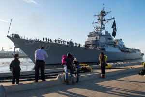 SAN DIEGO (Jan. 19, 2016) The Arleigh Burke-class guided-missile destroyer USS William P. Lawrence (DDG 110) departs its homeport in San Diego for a scheduled deployment Jan. 19, 2016. William P. Lawrence is part of the Great Green Fleet, an initiative optimizing energy use to increase optimal range, endurance and payload, turning energy into a force multiplier. (U.S. Navy photo by Mass Communication Specialist 3rd Class Chelsea Troy Milburn/Released)